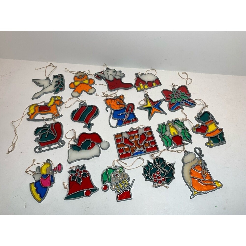 Vintage Christmas Faux Stained Glass Ornaments Lot Of 19 Angel Church Mouse